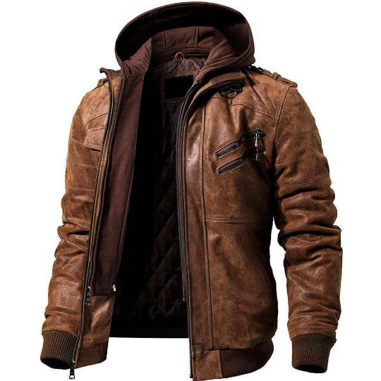 Men's Casual Stand Collar Distressed Brown Real Vintage Leather Detachable Hood