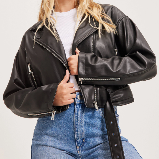 Women's Handmade Oversize Real Leather Black Bomber Jacket