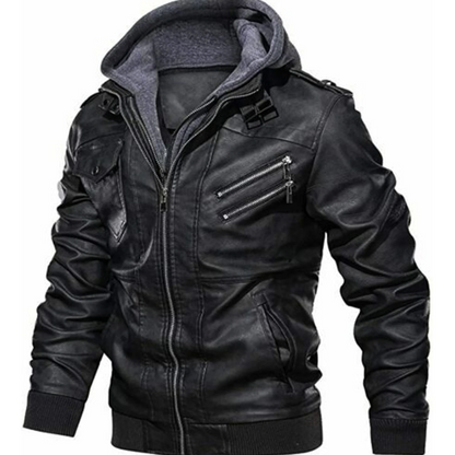 Men's Casual Stand Collar Black Real Sheep Leather Detachable Hood Winter Jacket