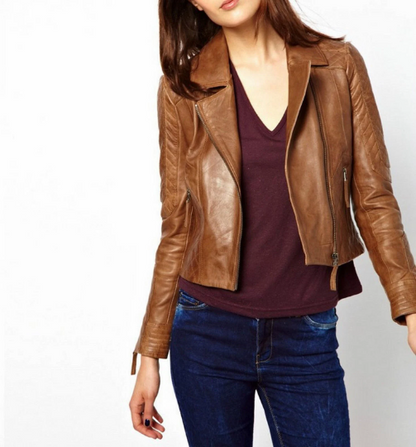 Women's Distressed Tan Biker Real Leather Designer Zipper Fashion Jacket