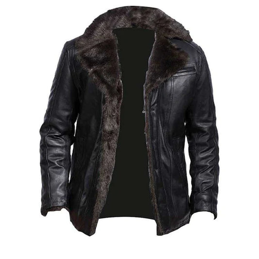 MEN'S AVIATOR REAL LEATHER JACKET SHEEP SKIN BLACK FUR LINING BUTTON-UP JACKET SHIRT