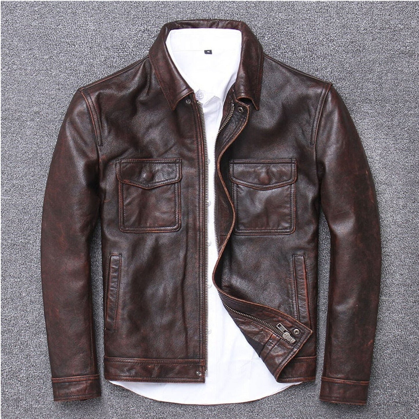 MEN'S VINTAGE BROWN DISTRESSED LEATHER JACKET BIKER STYLE REAL LEATHER JACKET