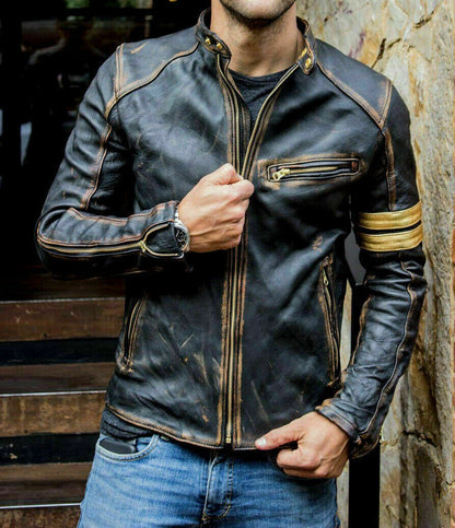 MEN'S BLACK BIKER VINTAGE MOTORCYCLE DISTRESSED CAFÉ RACER GENUINE REAL LEATHER