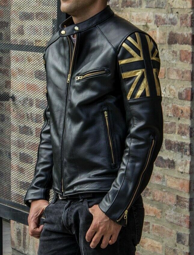 MEN'S BLACK BIKER VINTAGE MOTORCYCLE CAFÉ RACER GOLD UK FLAG REAL LEATHER JACKET