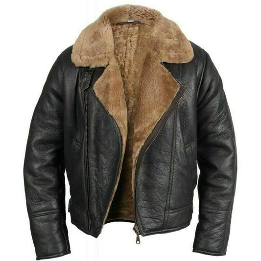 MEN'S RAF B3 BOMBER GINGER AVIATOR REAL LEATHER JACKET SHEEP SKIN PILOT FLYING BLACK WINTER COAT