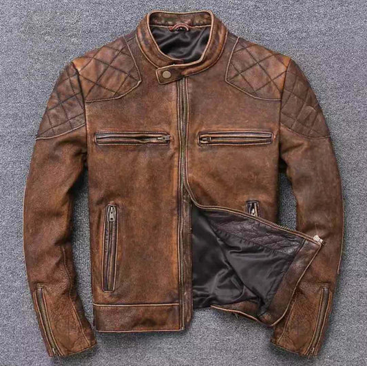 MEN'S BIKER VINTAGE TAN CAFÉ RACER DISTRESSED GENUINE REAL LEATHER JACKET QUALITY