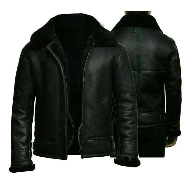 MEN'S RAF B3 BOMBER AVIATOR REAL LEATHER JACKET SHEEP SKIN PILOT FLYING BLACK WINTER COAT