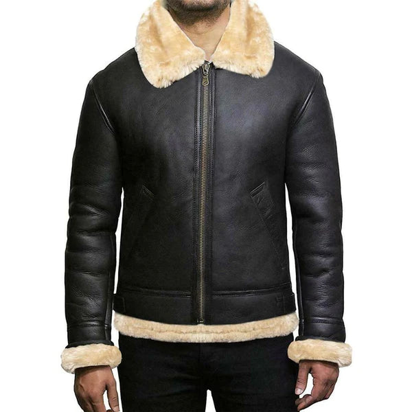 MEN'S RAF B3 BOMBER GINGER AVIATOR REAL LEATHER JACKET SHEEP SKIN PILOT FLYING BLACK WINTER COAT