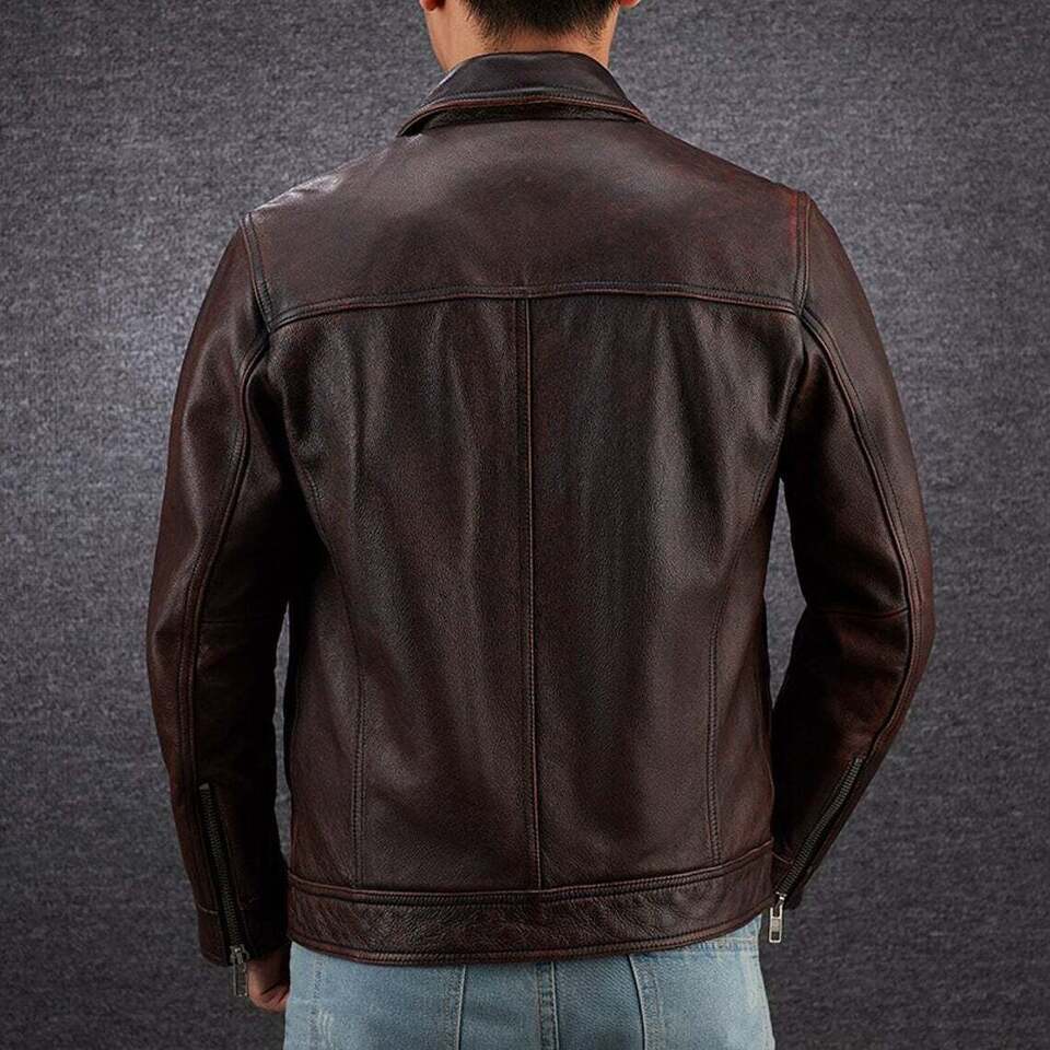 MEN'S VINTAGE BROWN DISTRESSED LEATHER JACKET BIKER STYLE REAL LEATHER JACKET