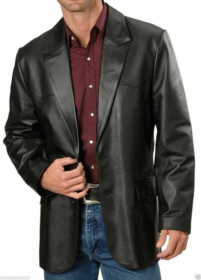 MEN'S GENUINE LAMBSKIN LEATHER BLAZER JACKET COAT TWO BUTTON BLACK REGULAR FIT COAT