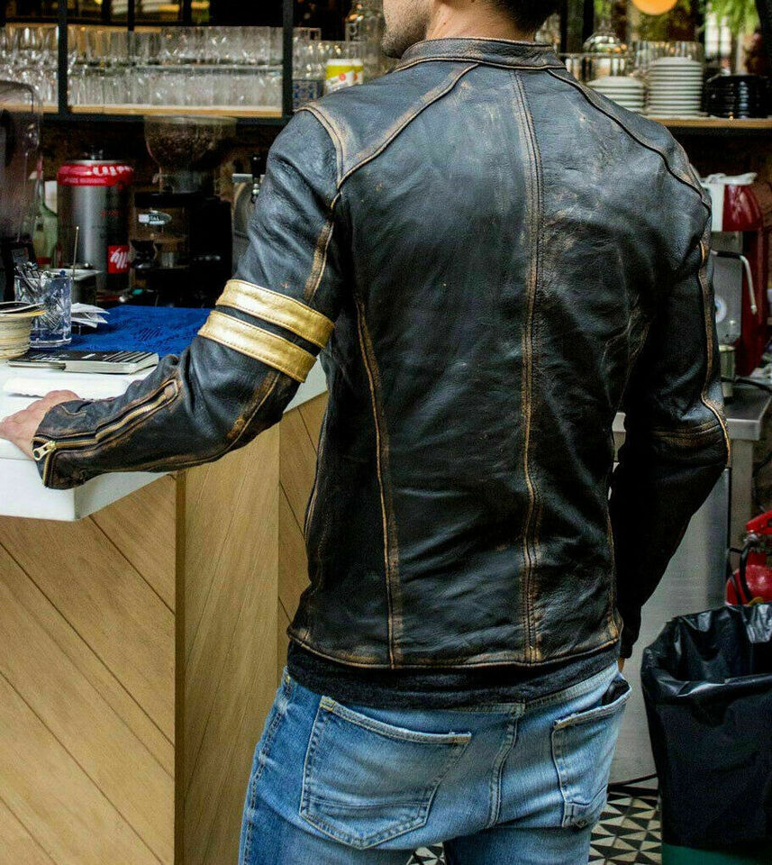 MEN'S BLACK BIKER VINTAGE MOTORCYCLE DISTRESSED CAFÉ RACER GENUINE REAL LEATHER