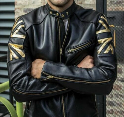 MEN'S BLACK BIKER VINTAGE MOTORCYCLE CAFÉ RACER GOLD UK FLAG REAL LEATHER JACKET