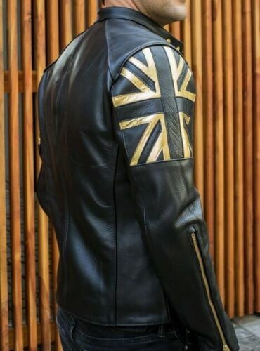 MEN'S BLACK BIKER VINTAGE MOTORCYCLE CAFÉ RACER GOLD UK FLAG REAL LEATHER JACKET